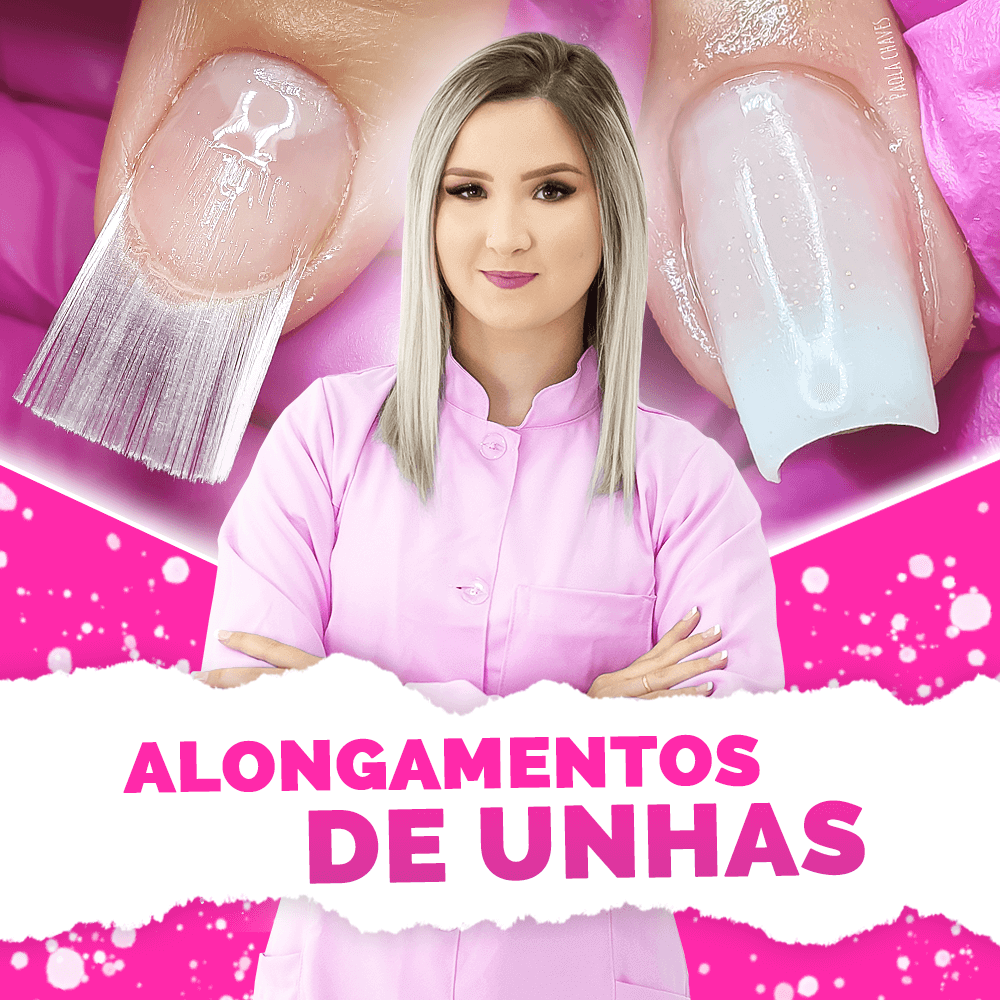 Dois dedos mostrando as unhas, uma mulher loira e o texto 'Alongamento de Unhas'