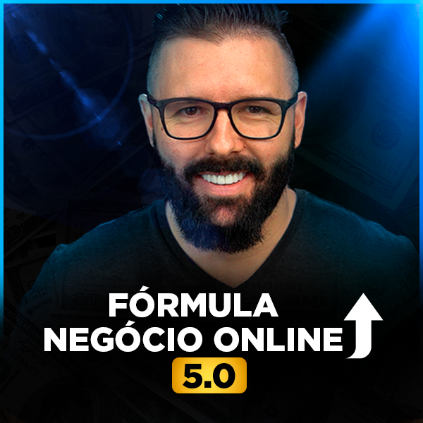 Um homem barbudo com o texto 'Fórmula Negócio Online 5.0'