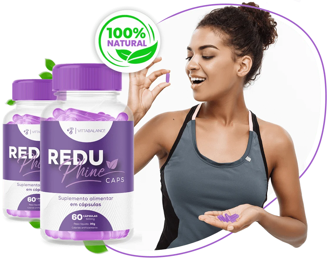 Uma mulher ingerindo um comprimido de Reduphine Caps ao lado de 2 potes do produto